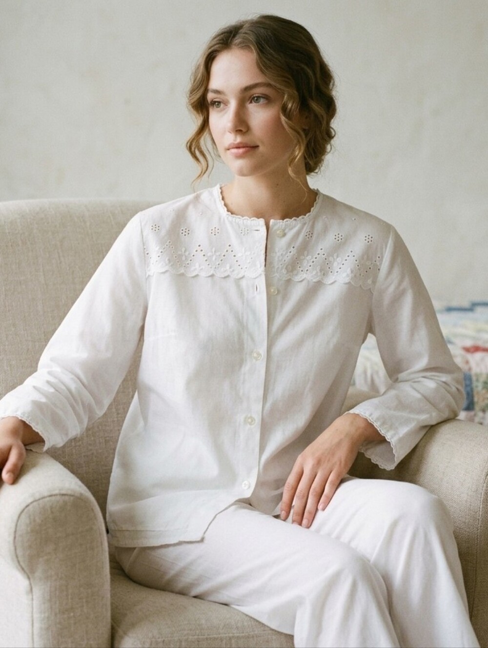 💐VTG 70s White Cotton Pajama Set M Embroidered Lace Eyelet Prairie Cottagecore
